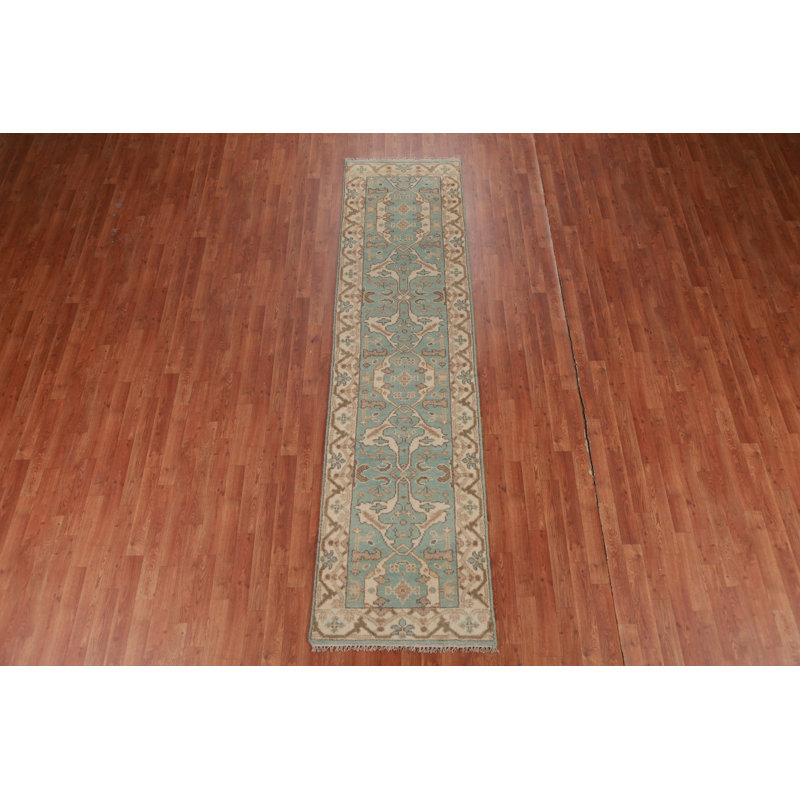 Tapis de couloir oriental bleu clair fait à la main Oushak 3 x 10