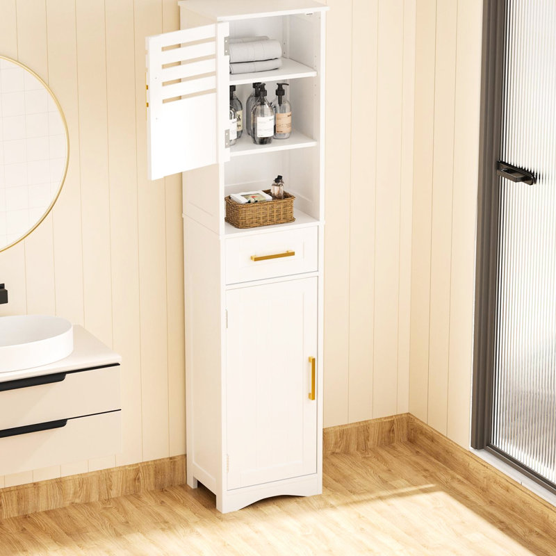Armoire de rangement haute pour salle de bain avec tiroir - 2 portes, 1 tiroir blanc, preuve