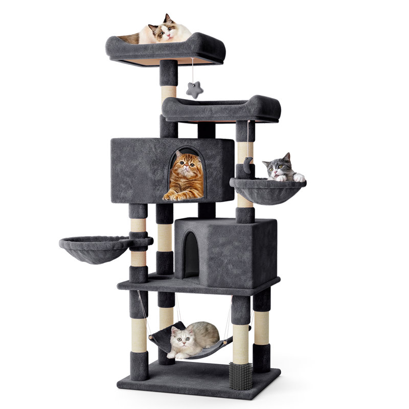 Maison pour chat avec tour à chat en sisal, hamac et auto-toilettage 58 po, Gris foncé
