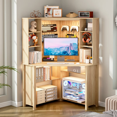 35"× 35" - Pentagonal Corner Computer Desk With Power Outlets, Adjustable Led Lighting, Perforated Back Panel Design