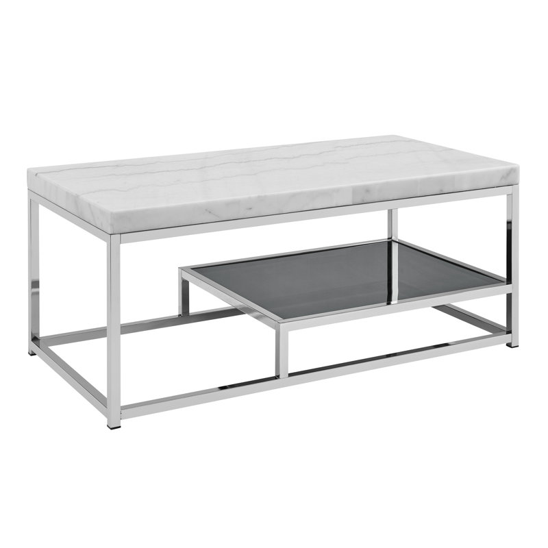 Rectangular Silver Marble and Glass Coffee Table with Storage