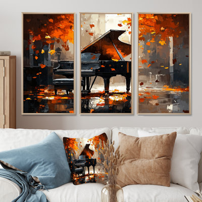 Ensemble de salon mural orange avec piano noir sur scène II