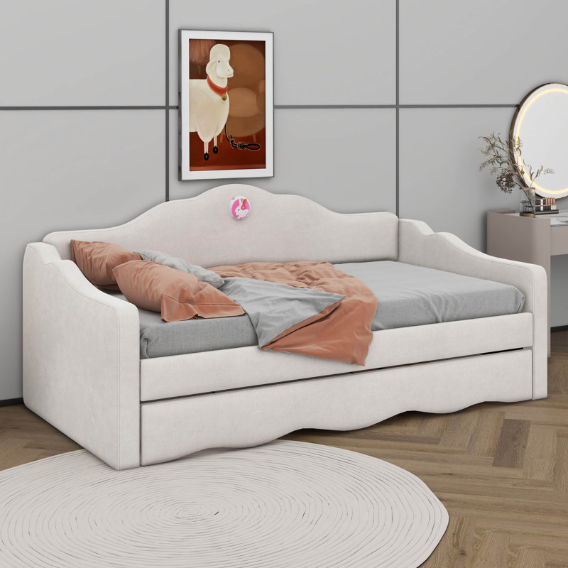 Lit de jour simple rembourré avec lit gigogne escamotable en forme de vague, Beige