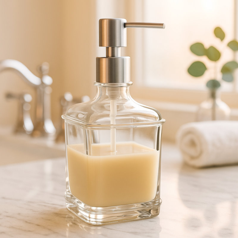 Oggi 10 oz Square Soap Dispenser - Satin Silver Pump