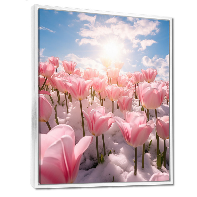 Tulipe rose, neige, paysage ensoleillé II - Tulipes, art mural, Toile encadrée flottée blanche, H 32 po x l 16 po x P 1 po