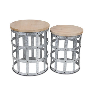 Ensemble de deux tables gigognes rondes de 19 pouces en bois massif et acier gris et brun
