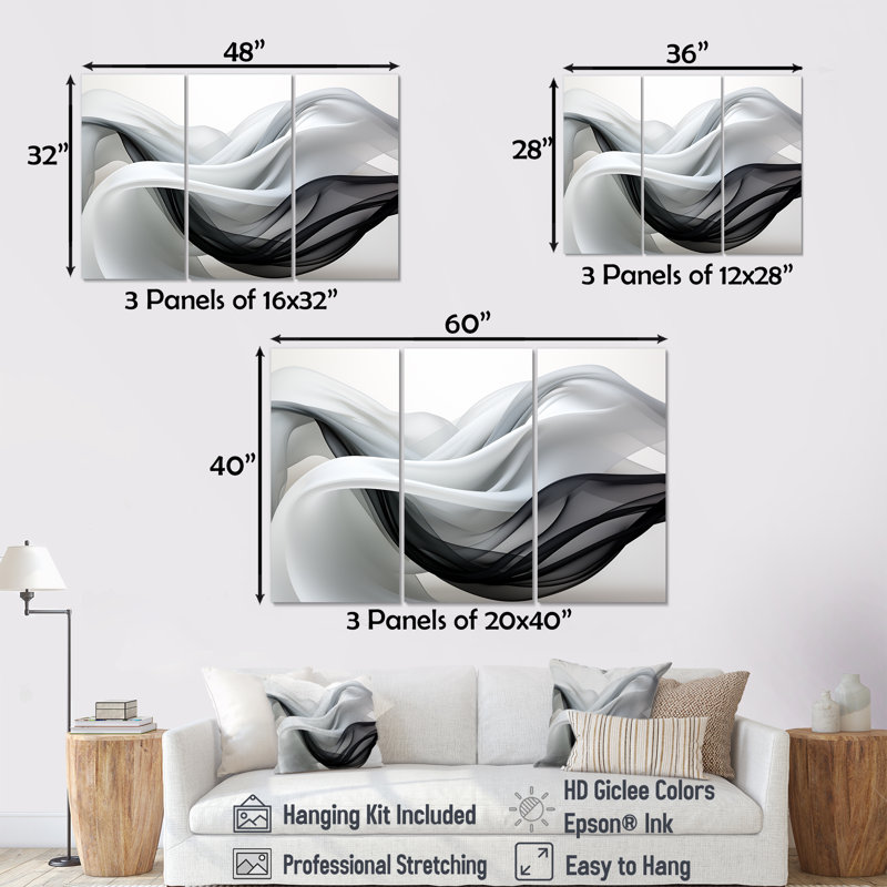 Liquid Streams Monochrome - Waves Wall Art Set, Wrapped Canvas, 32" H x 48" W x 1" D