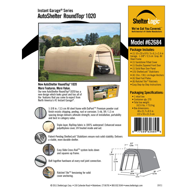 Autoshelter Roundtop 10 X 20 Ft., 95.86" H x 121.28" W x 237.56" D