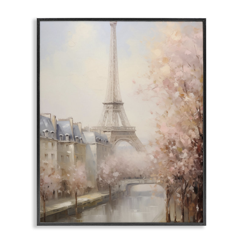 Doux tour Eiffel vue de la rivière, estampe numérique, design par Arlington Prints, Giclée encadrée noir minuit