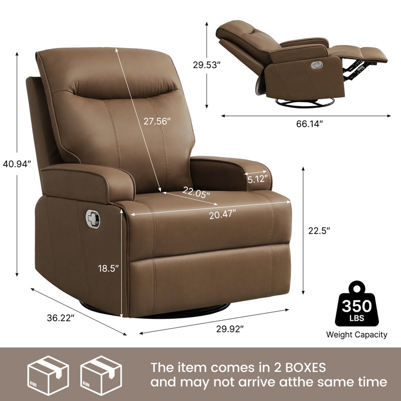 31.9“ Modern and Soft Manual Upholstered Swivel and Rocking Manual Recliner, Brown