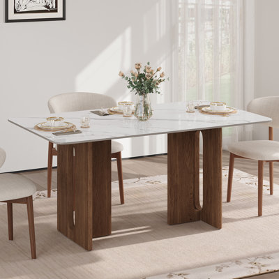 55'' White Sintered Stone Dining Table for 4, Rectangle Dining Table with Double  Brown Legs Modern Kitchen Table