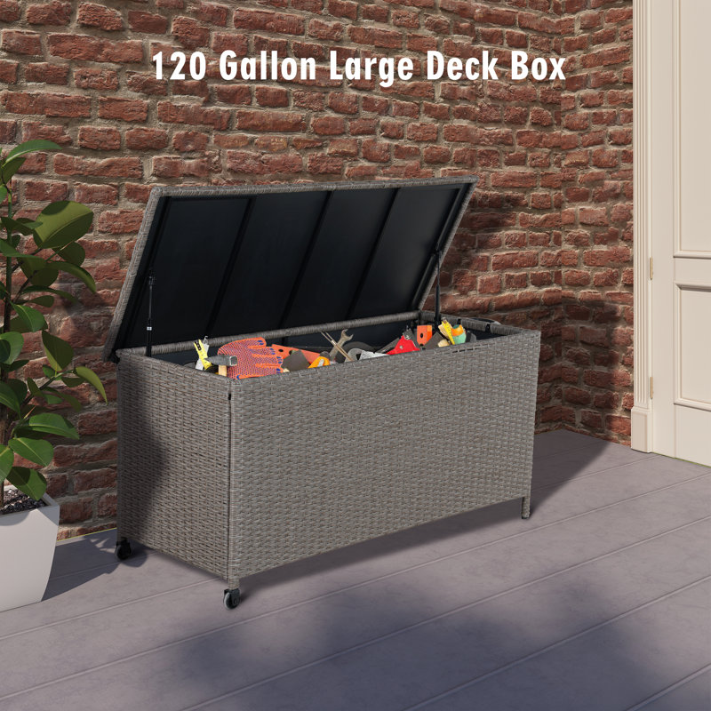 120-Gallon Brown Wicker Deck Box with Lockable Wheels