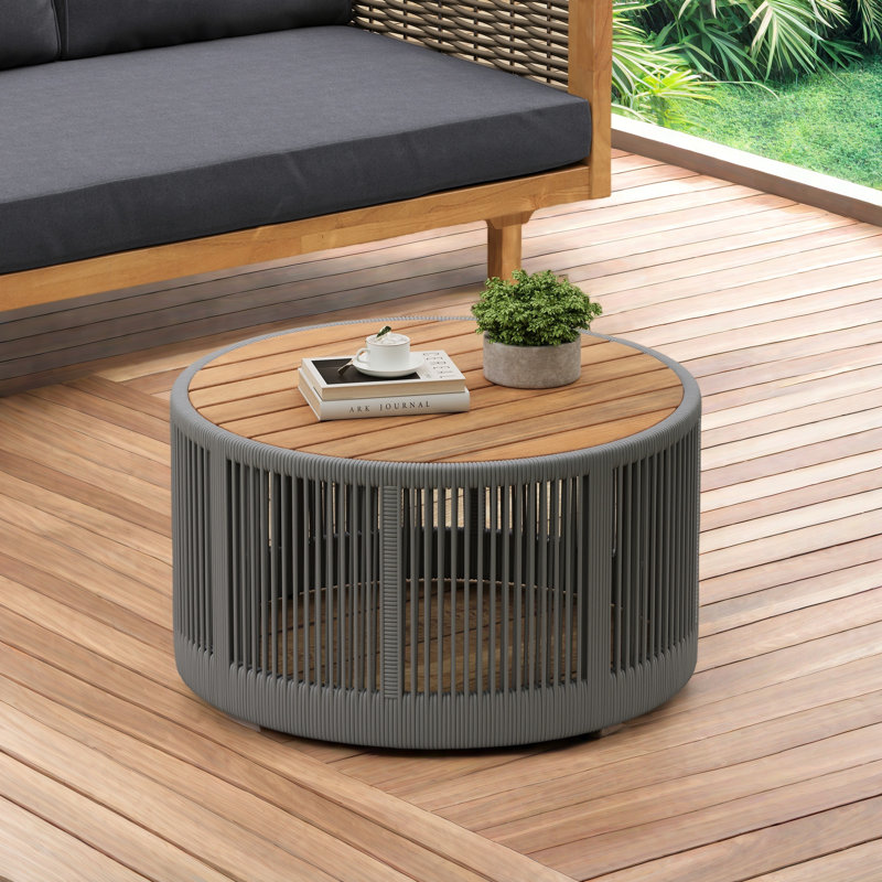 Outdoor Rattan Rope & Acacia Wood Coffee Table - Patio Balcony Furniture For Garden, Yard, Balcony - Weather Resistant, Gray