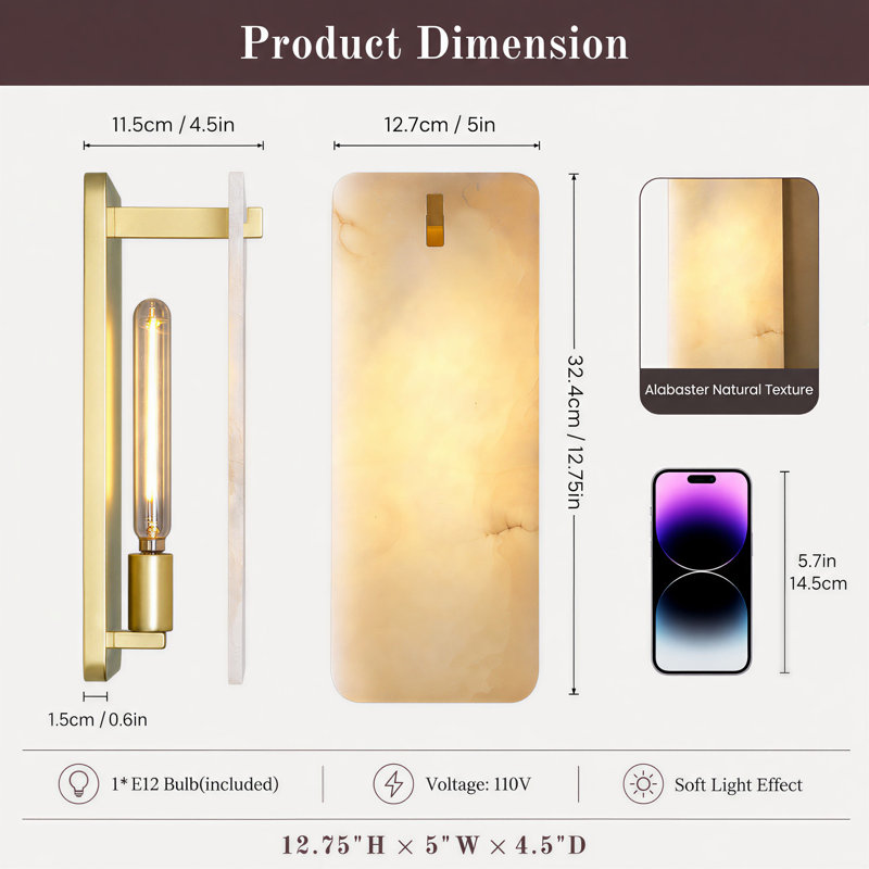 1 - Light Dimmable Rectangular Gold Alabaster Flush Sconce