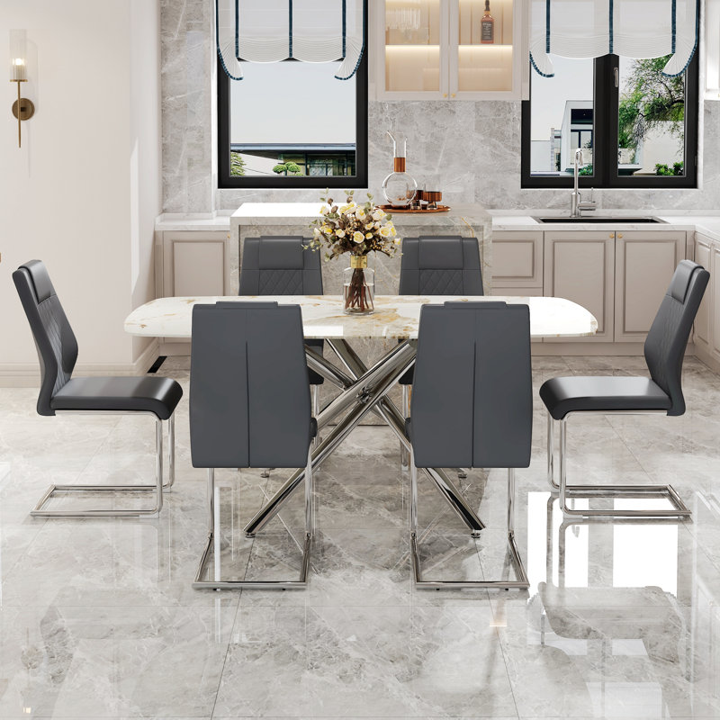 7- Piece Dining Set (Silver), White, Beige