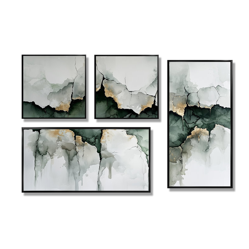 Blanc et gris «Silence of Perception I» - Art mural abstrait 4 pièces, Noir, Impression encadrée sans passe-partout