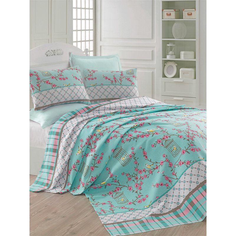 100% coton Flosie rose / bleu / jaune, Couvre-lit 79 po x 93 po