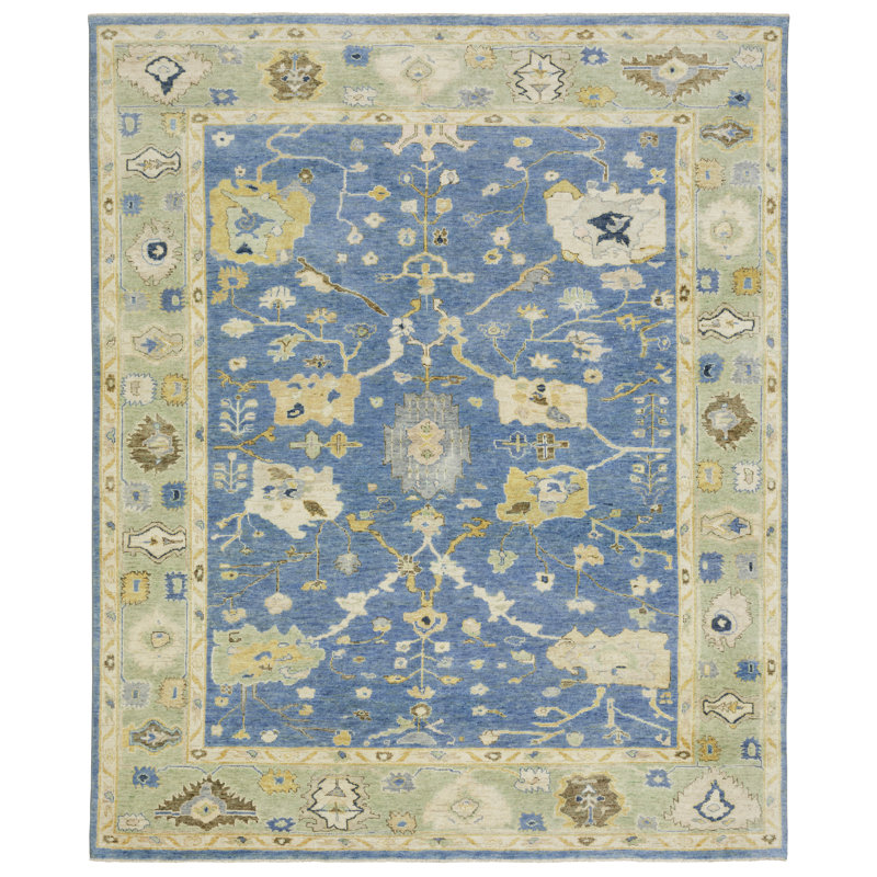 Tapis bleu / vert en laine noué à la main Presley, Rectangle 6 pi x 9 pi