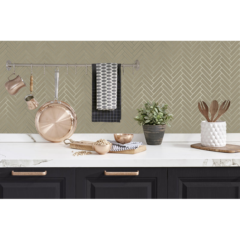 Chevron Vinyl Peel & Stick Metallic Wallpaper Roll, Khaki/Metallic Silver
