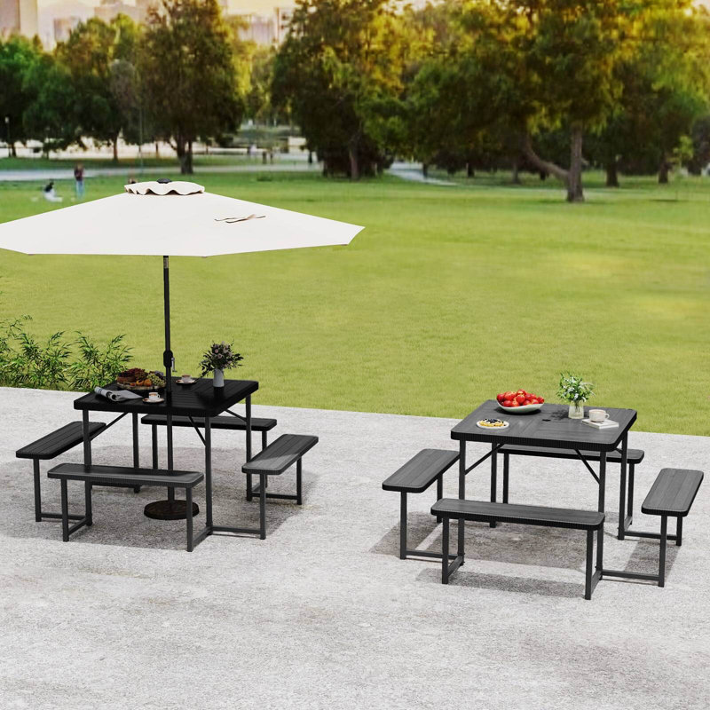 Picnic Table Bench Set For 4-8 People With Umbrella Hole All-weather Hdpe Tabletop White, Black