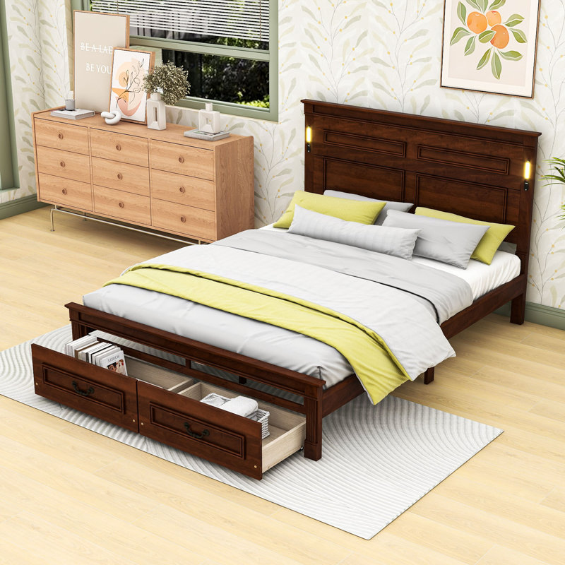 Lit plateforme en bois avec 2 tiroirs, station de charge et tête de lit, Queen, Walnut