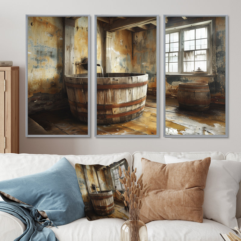 «Brown Rustic Bathroom Charm I», ensemble de reproductions d'art mural rustique, Toile argentée avec cadre flottant