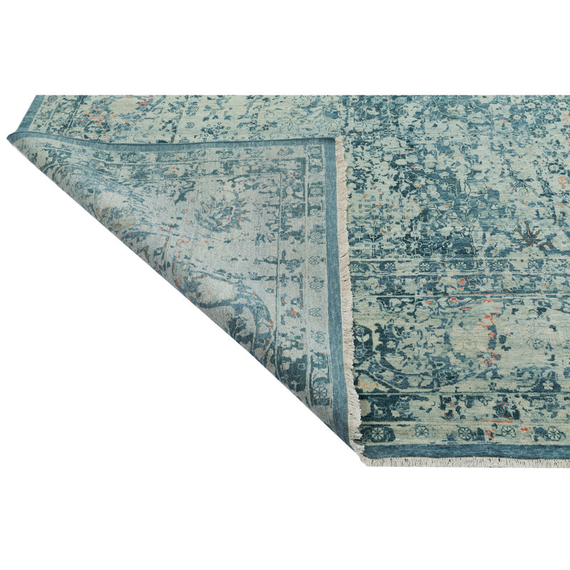 Wool Oriental Area Rug in Teal/Ivory, Rectangle 10' x 14'