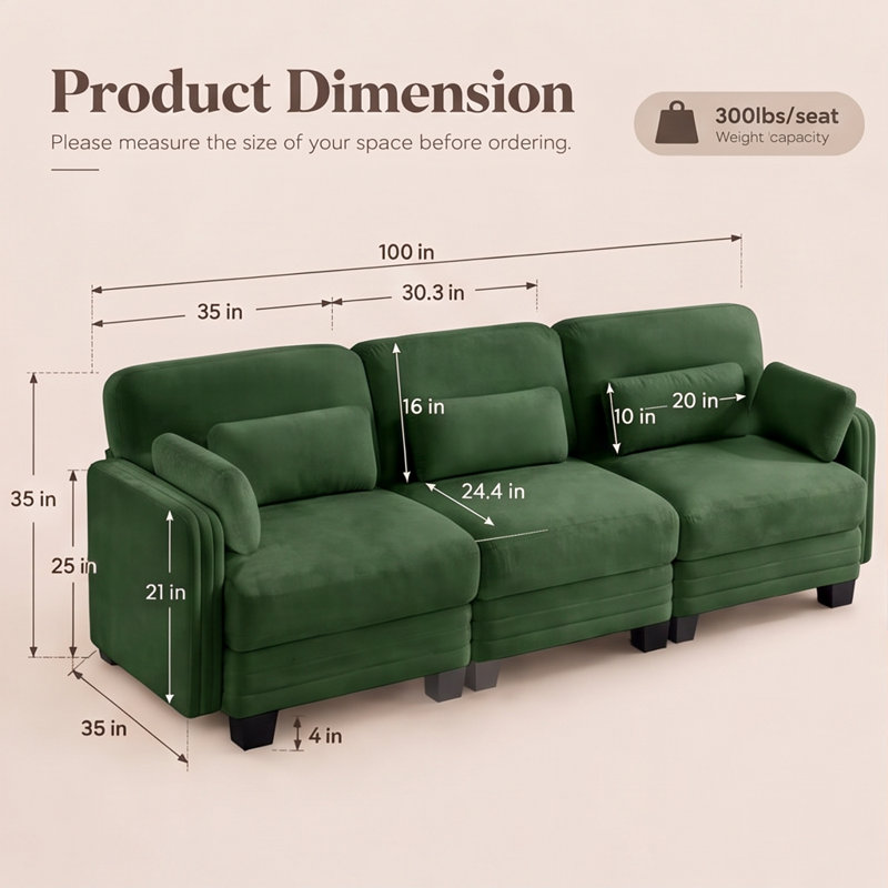 Canapé modulaire capitonné avec dossier réglable Channel, Chenille verte, H 35 po x l 100 po x P 35 po