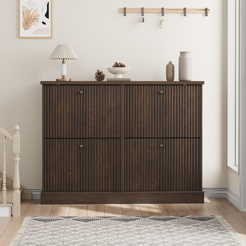 Armoire à chaussures moderne en noyer foncé - 4 tiroirs tournants - Tablettes réglables et amovibles - Unité de rangement autoportante étroite - Conception cannelée peu encombrante - Organisateur de chaussures cachées - Brun noyer foncé