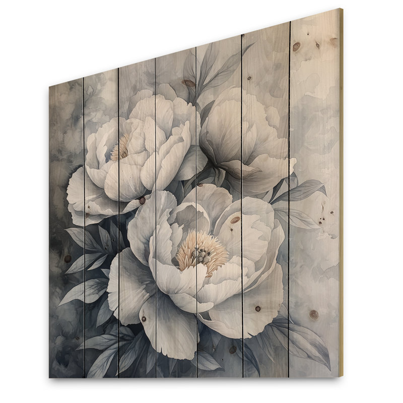 Frosted Monochrome Peonies Bloom III - Peonies Wood Print - On Natural Pine Wood, 15" H x 15" W x 0.78" D