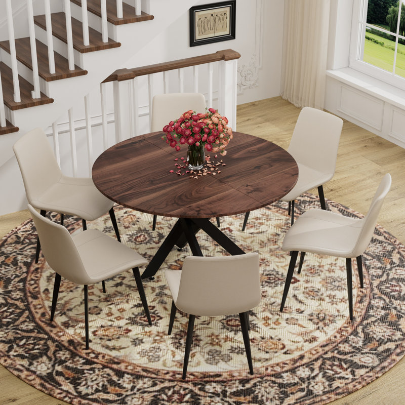 47"Round Modern Kitchen Dining Table Set With Dining Chair, White, Brown, 7