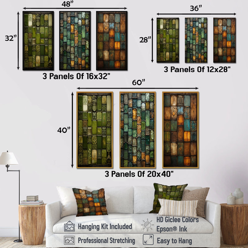 Green Stones Tiles I - Ensemble de 3 tuiles murales abstraites, H 28 po x l 36 po, Cadre flottant brun