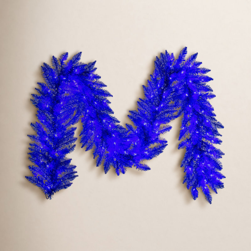 9' x 14" Blue Artificial Pre-Lit Garland with Warm White LED Mini Lights, Bright Blue