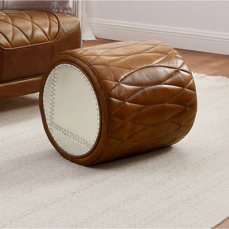 Paynesville 16.93'' W Tufted Top-Grain Leather Upholstered Round Ottoman Pouf, Cognac