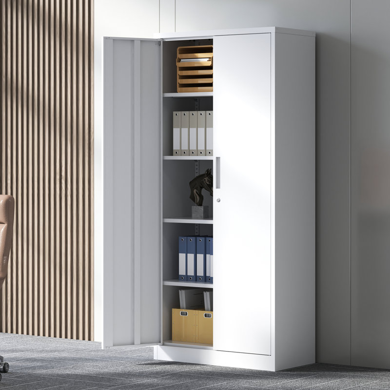 Armoire de rangement en acier blanc avec 4 tablettes réglables et 3 verrous pour le bureau, White