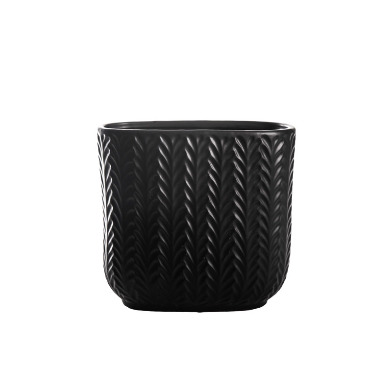 Ceramic Tall Oval Pot with Embossed Seamless Arrow Column Pattern Design Body and Bellied Bottom Base Matte Finish Black..10.50"x5.25"x10.00"H