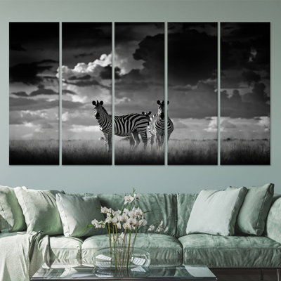Printed Canvas: Zebra Couple in African Savannah Scene,5P Wrapped Canvas