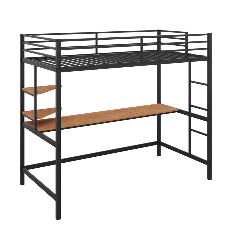 Lit mezzanine simple avec bureau et base de lit en métal, Noir, noir, noir, noir