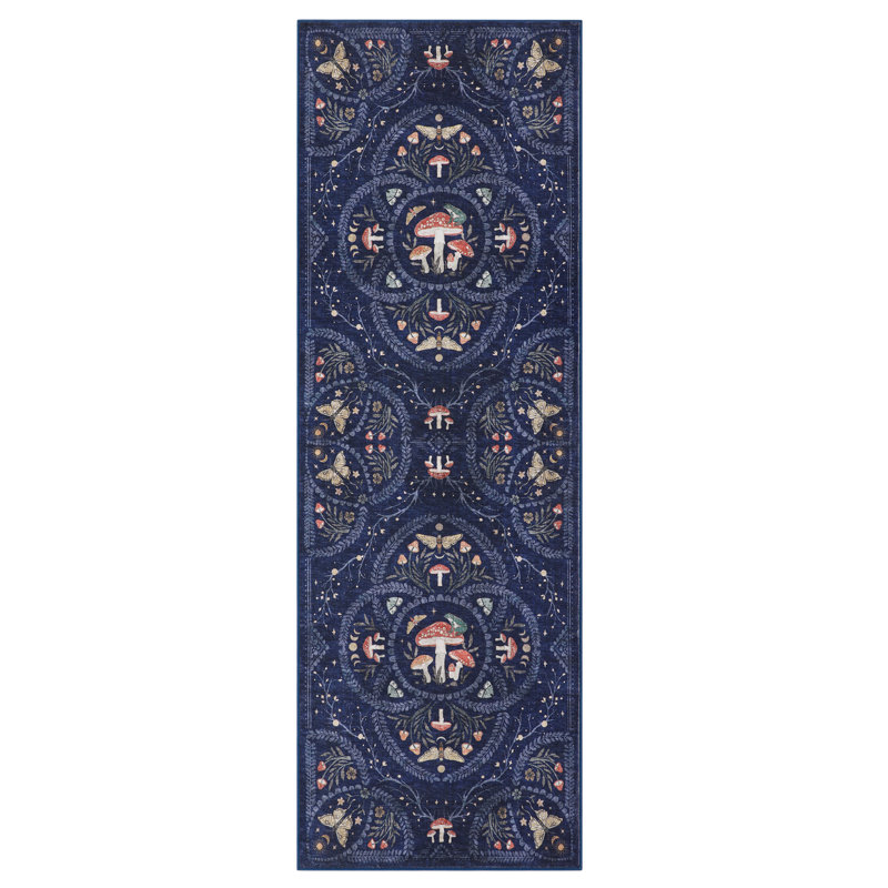 Tapis de couloir lavable antidérapant à poils courts et à poils courts Champignon gothique foncé, Bleu, 2 x 6