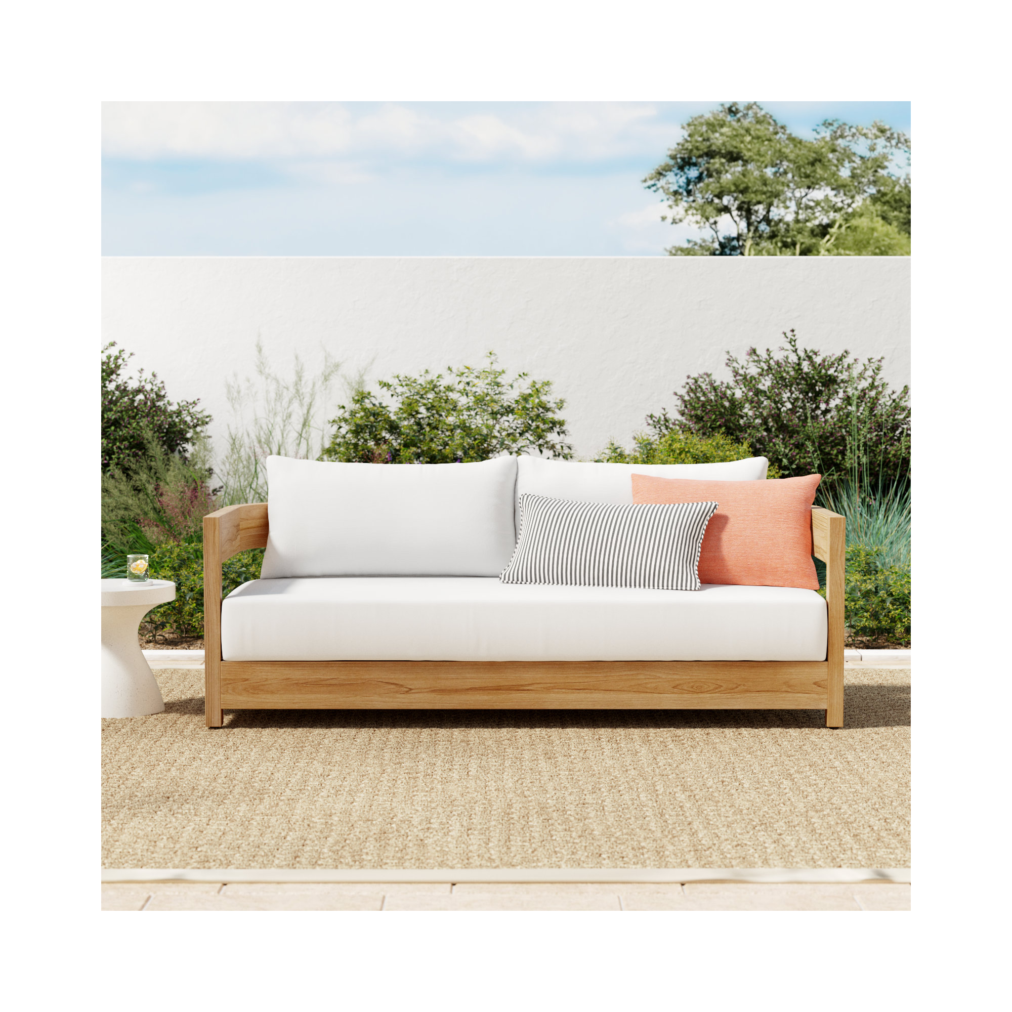 Everlee Teak Outdoor Sofa with Sunbrella Cushions, White