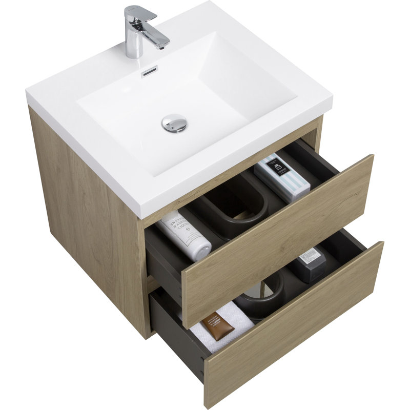Meuble-lavabo en chêne naturel avec lavabo, vasque en résine et tiroirs en chêne naturel, comptoir, fermeture en douceur