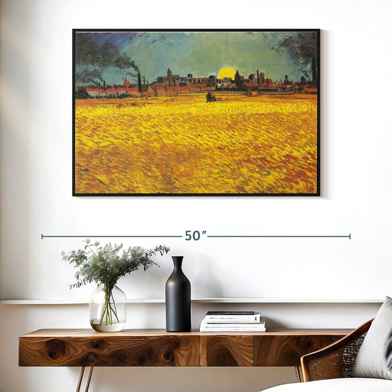 Champ de blé au coucher du soleil, 40 po x 27 po, Cadre flottant noir