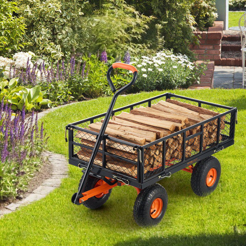 Heavy Duty Black and Orange Steel Garden Dump Cart with Adjustable Handle