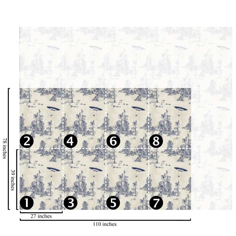 Alien Abduction Toile de Jouy Wallpaper in Black, White/Blue