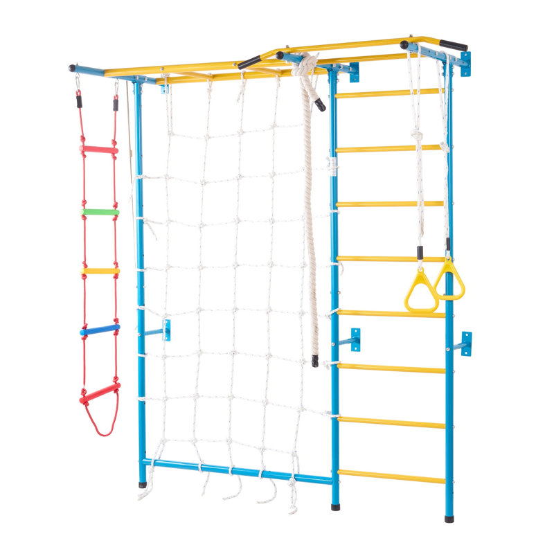 Ensemble de jeu d'intérieur mural pour enfants avec barre de traction, échelle de corde et anneaux de gymnastique, bleu