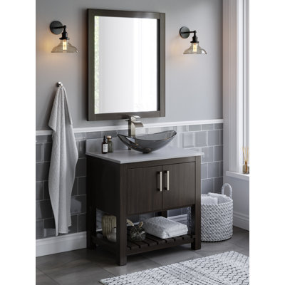 Meuble-lavabo de 30 po avec comptoir en quartz moka, lavabo en porcelaine, quincaillerie en nickel brossé