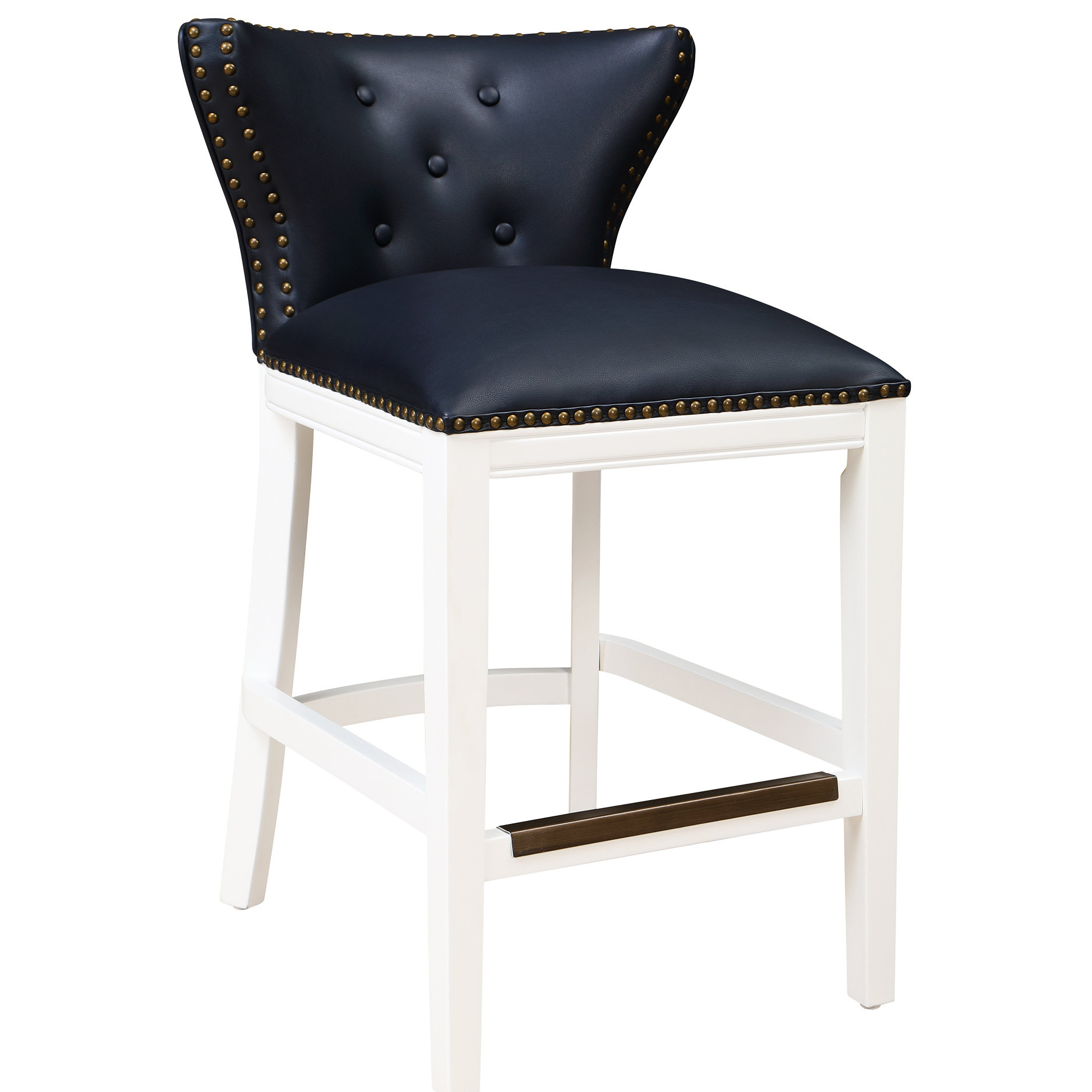 Button Back Stools House of Hampton® Counter Stool, Midnight Blue Faux Leather, Wood Base ...