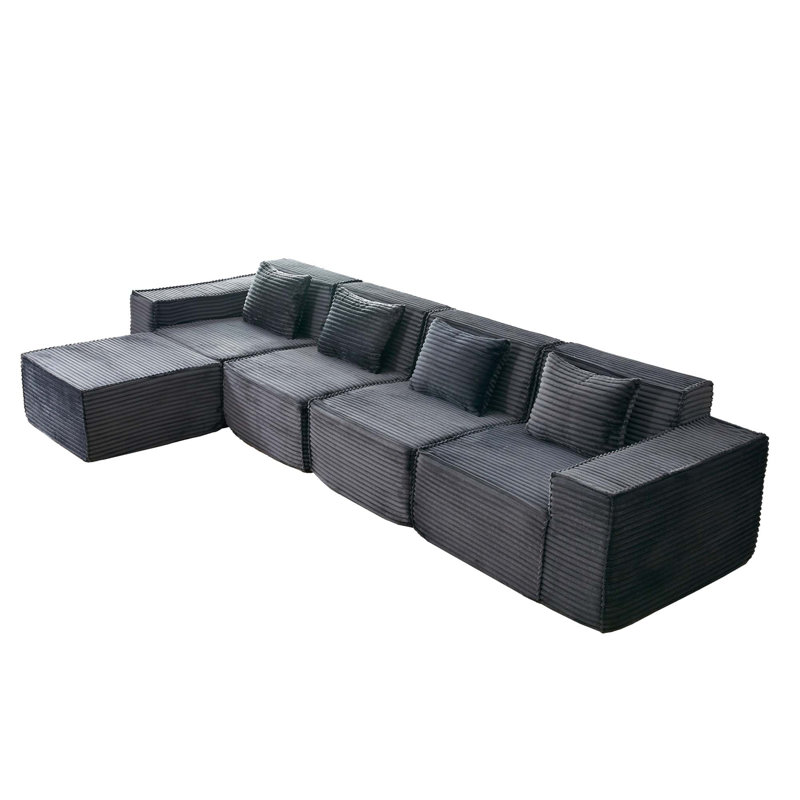 Modular L-Shaped Sectional Sofa with Ottoman and High-Density Foam, Dark Gray