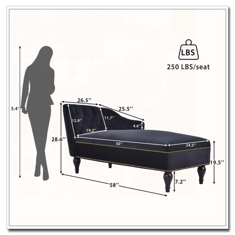 Méridienne 58 po en velours avec accoudoir droit capitonné et garniture cloutée et pieds en bois massif, Noir