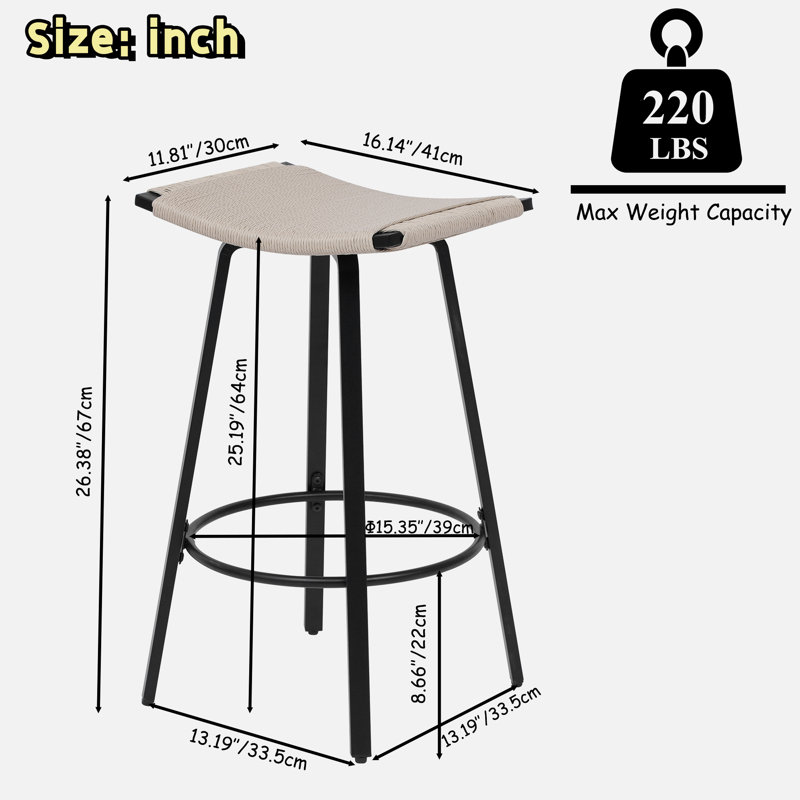 Tabourets de bar à hauteur de comptoir sans dossier avec siège en PVC tissé à la main et structure en métal, ensemble de 2